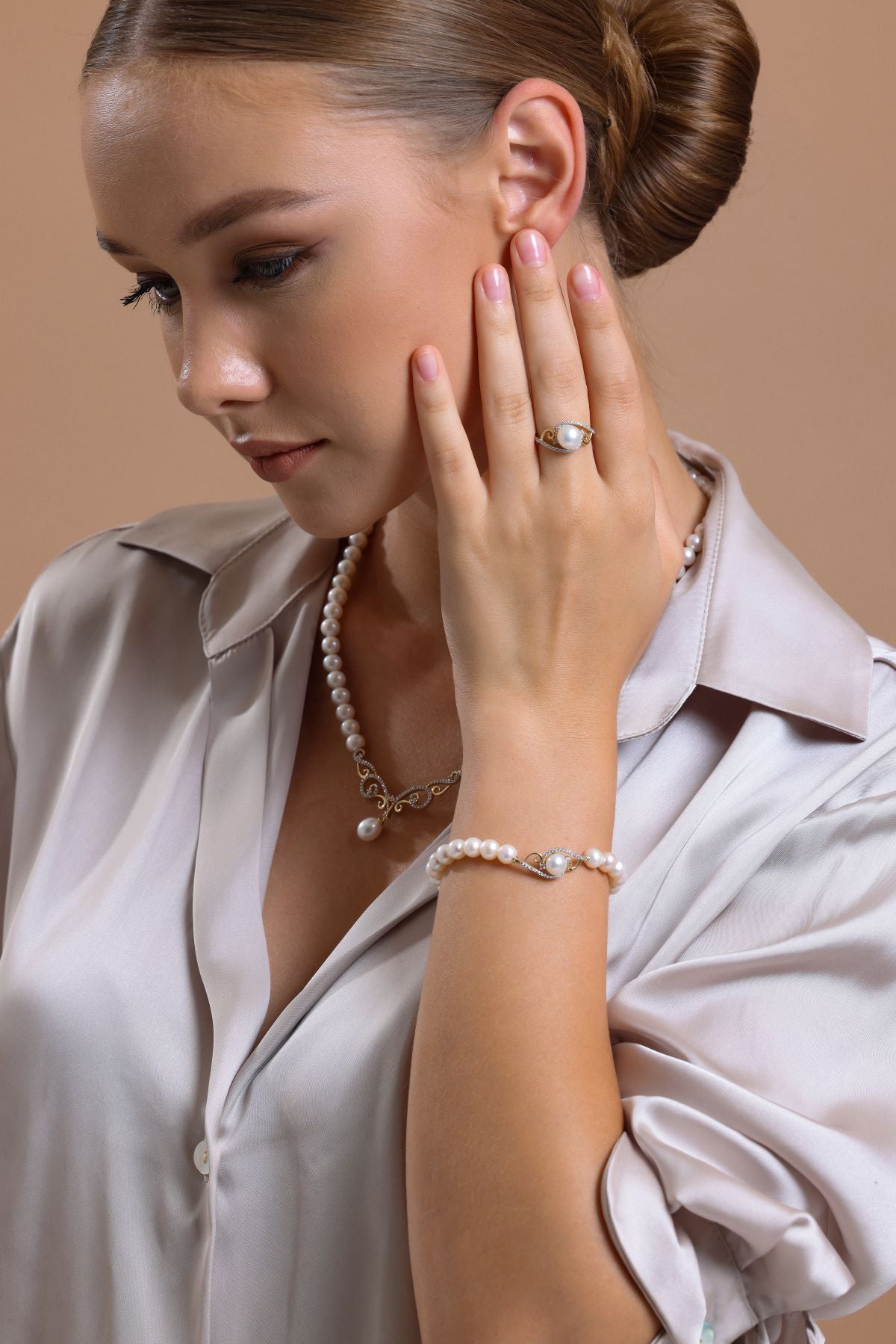 Stone Natural Pearl Necklace Bracelet Ring Earring Quadruple Set