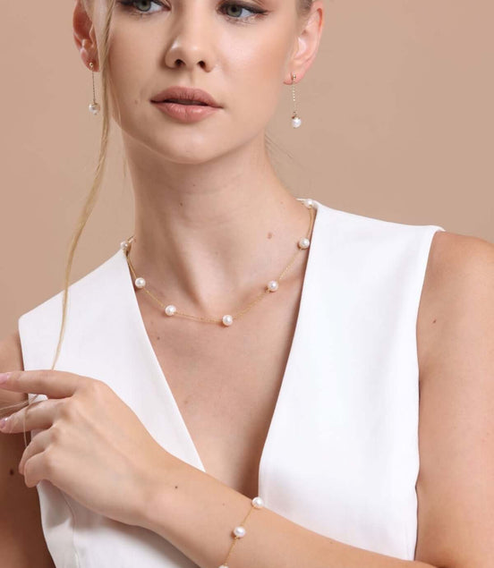 Crispy Natural Pearl Chain Necklace Bracelet Double Set