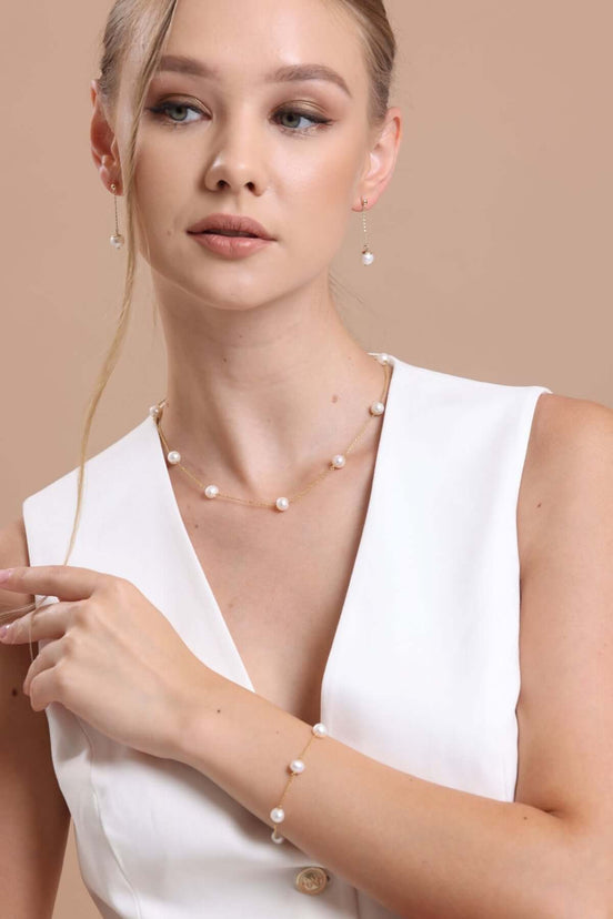 Crispy Natural Pearl Chain Necklace Bracelet Double Set