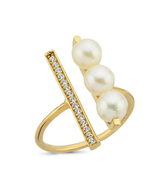 Natural Three Pearl Ring With Zircon