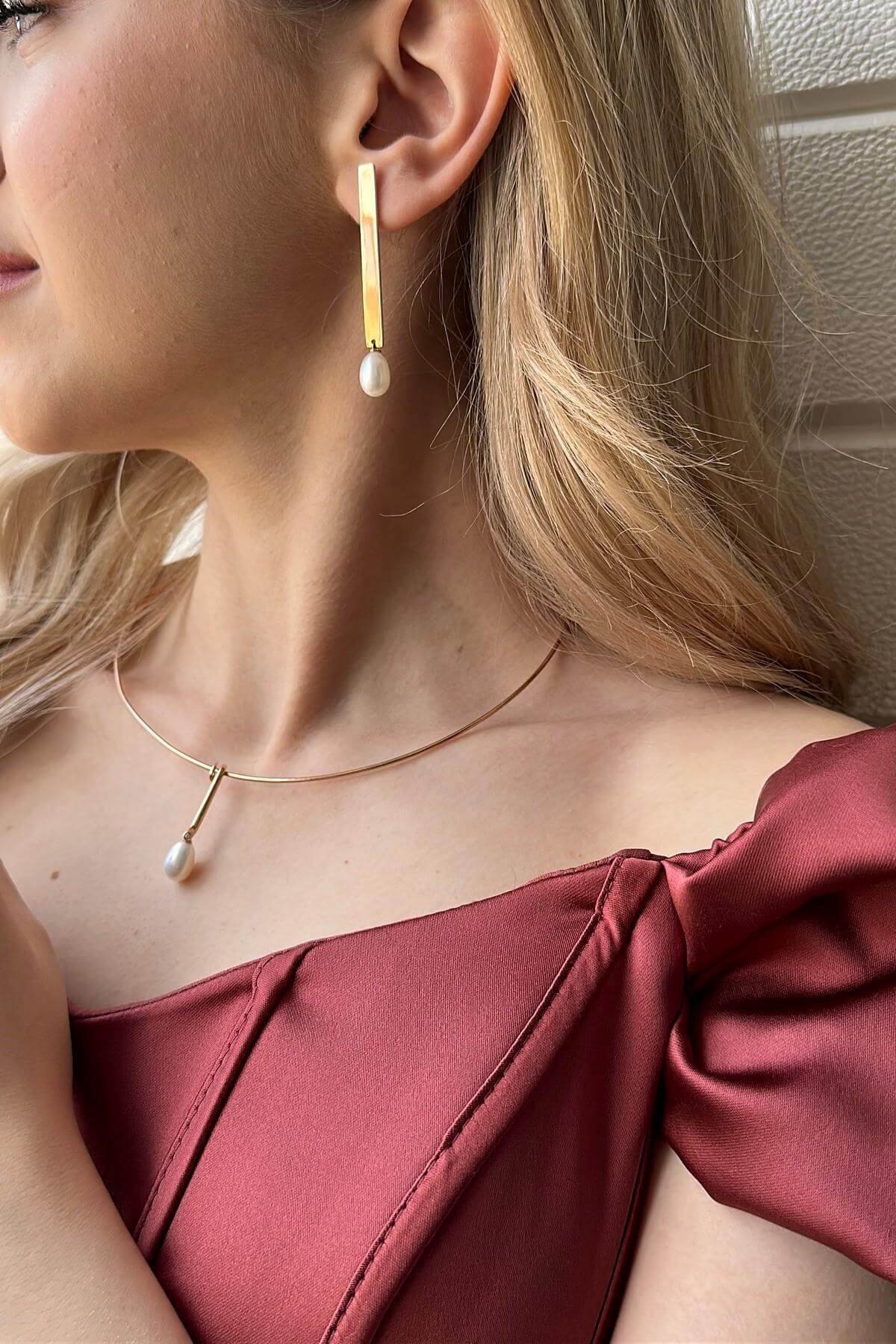 Natural Pearl Choker Earring Necklace Double Set