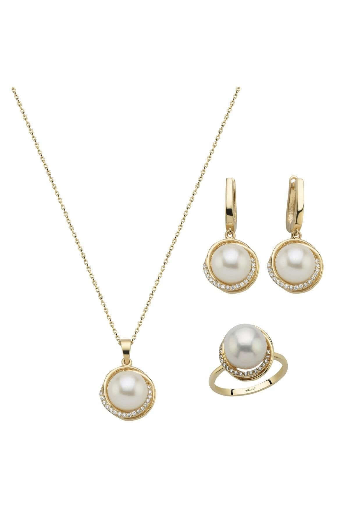 Natural Pearl Earring Necklace Ring Triple Set