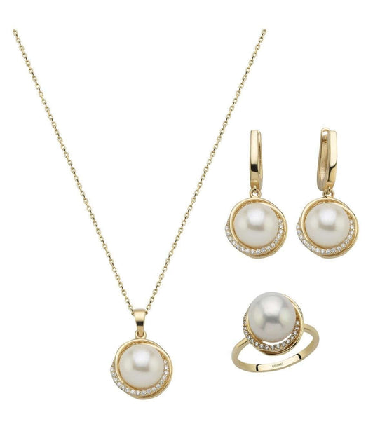 Natural Pearl Earring Necklace Ring Triple Set
