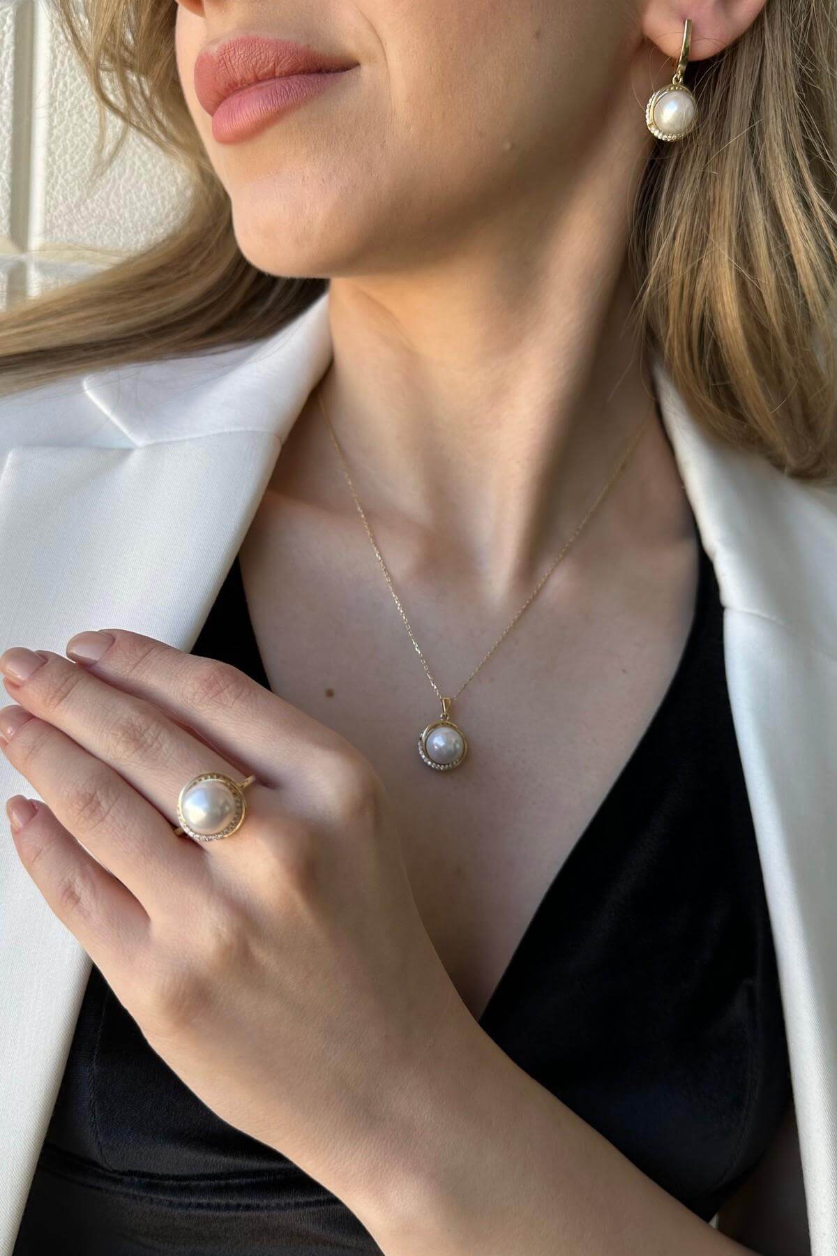 Natural Pearl Earring Necklace Ring Triple Set