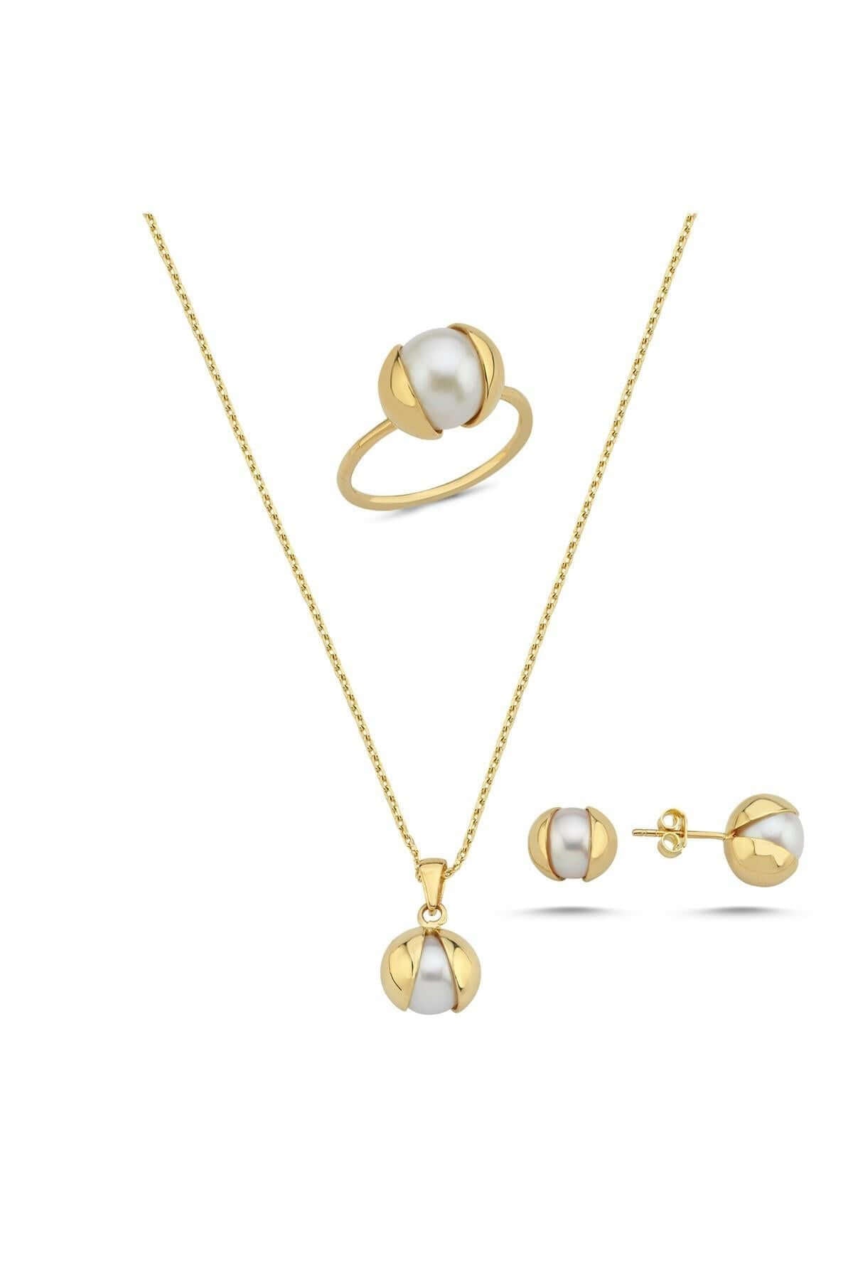 Doğal İnci Küpe Kolye Yüzük Üçlü Set | | Birinci1926