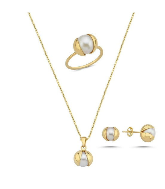 Doğal İnci Küpe Kolye Yüzük Üçlü Set | | Birinci1926