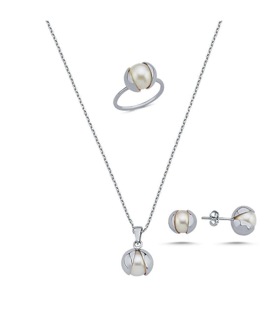 Doğal İnci Küpe Kolye Yüzük Üçlü Set | | Birinci1926