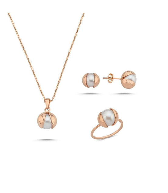 Doğal İnci Küpe Kolye Yüzük Üçlü Set | | Birinci1926