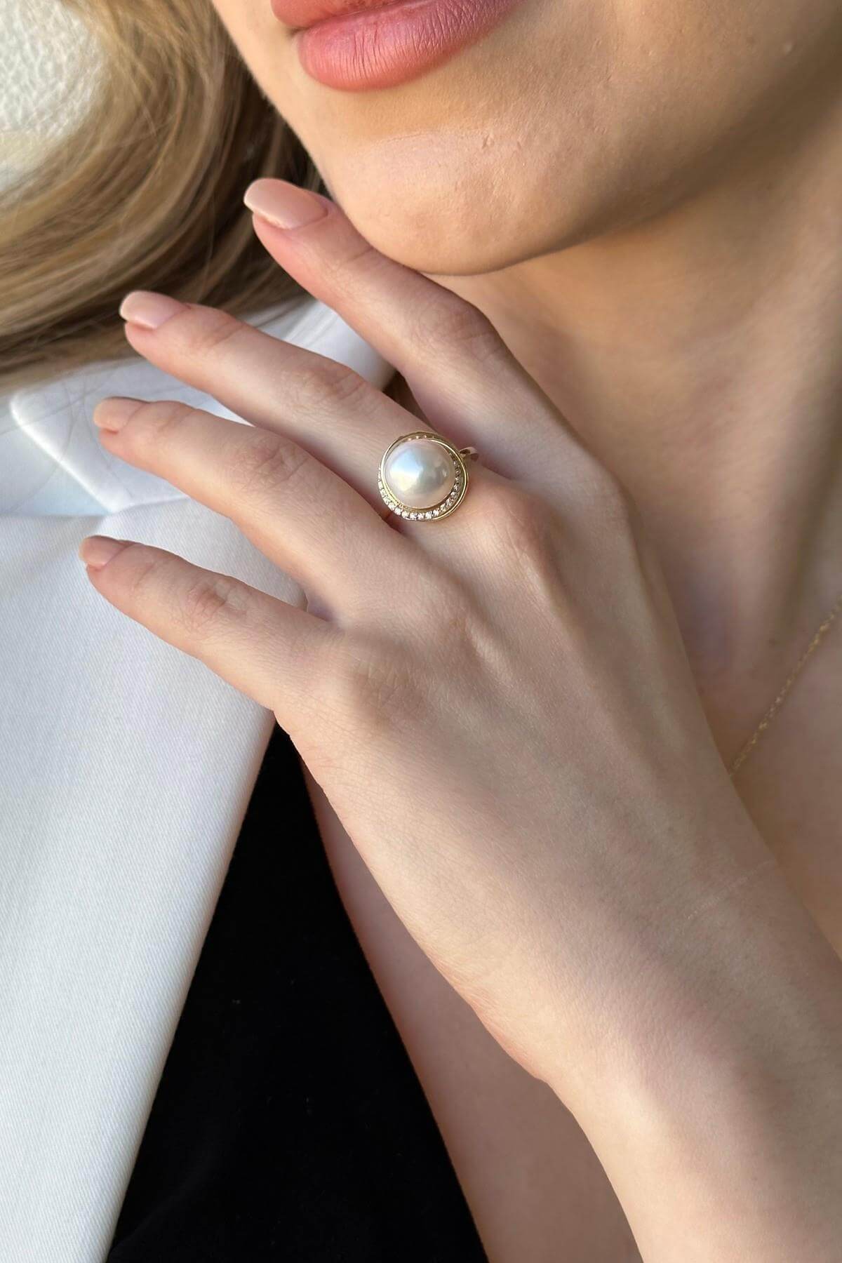 Natural Pearl Earring Necklace Ring Triple Set