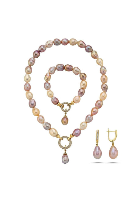 Halka Kilitli Multicolor Barok Doğal İnci Küpe Kolye Bileklik Üçlü Set | | Birinci1926