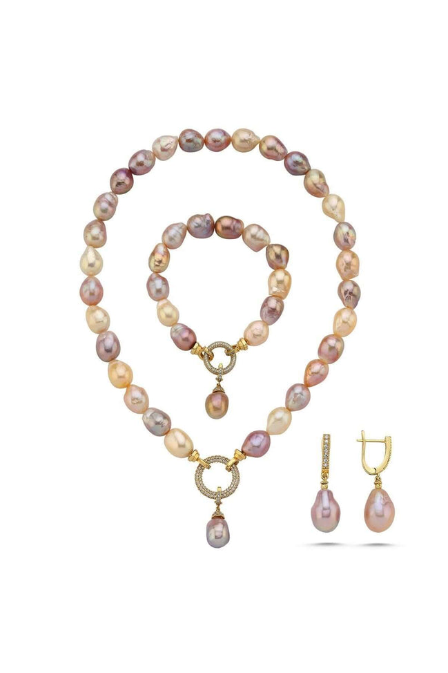 Halka Kilitli Multicolor Barok Doğal İnci Küpe Kolye Bileklik Üçlü Set | | Birinci1926
