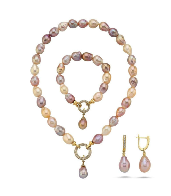 Halka Kilitli Multicolor Barok Doğal İnci Küpe Kolye Bileklik Üçlü Set | | Birinci1926