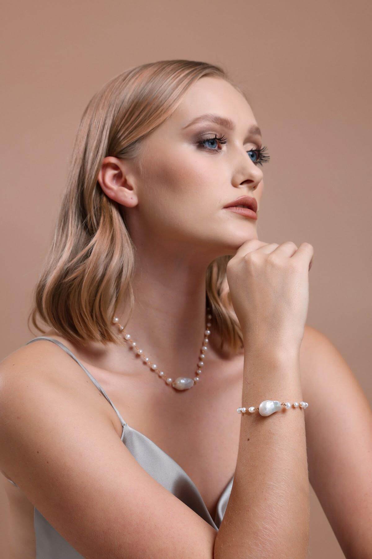 Baroque Natural Pearl Necklace Bracelet Double Set