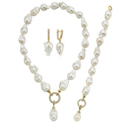 Hoop Clasp Baroque Natural Pearl Earring Necklace Bracelet Triple Set