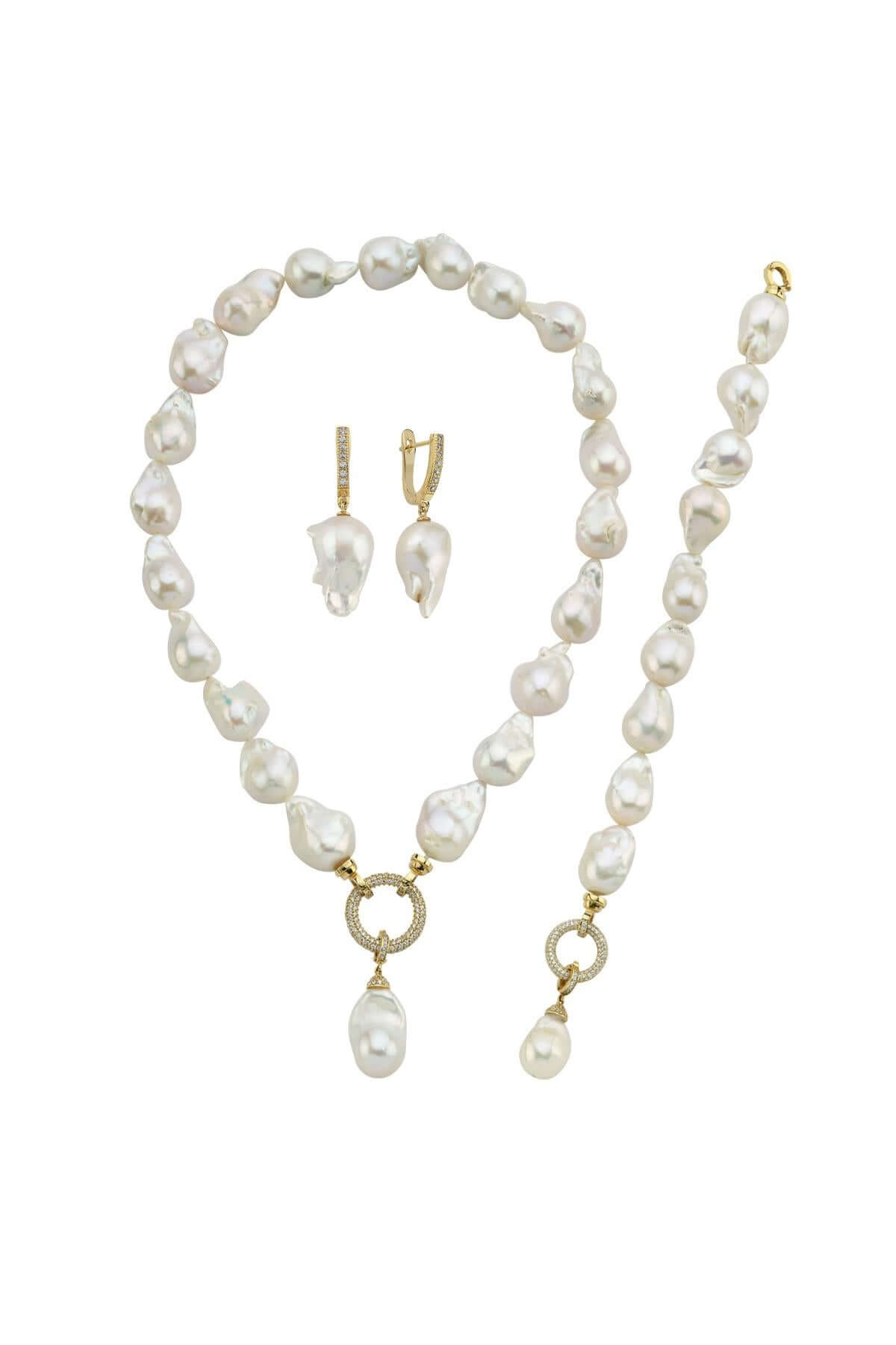 Hoop Clasp Baroque Natural Pearl Earring Necklace Bracelet Triple Set