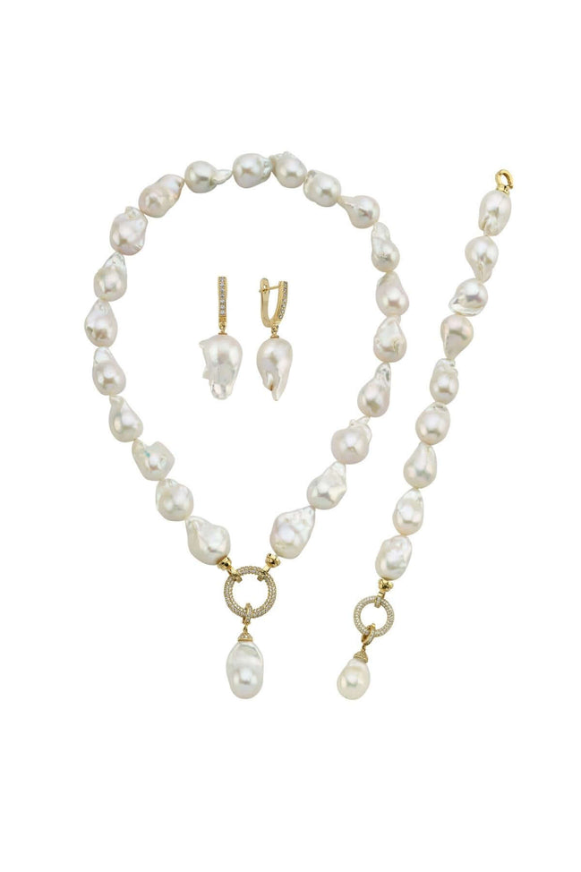Hoop Clasp Baroque Natural Pearl Earring Necklace Bracelet Triple Set