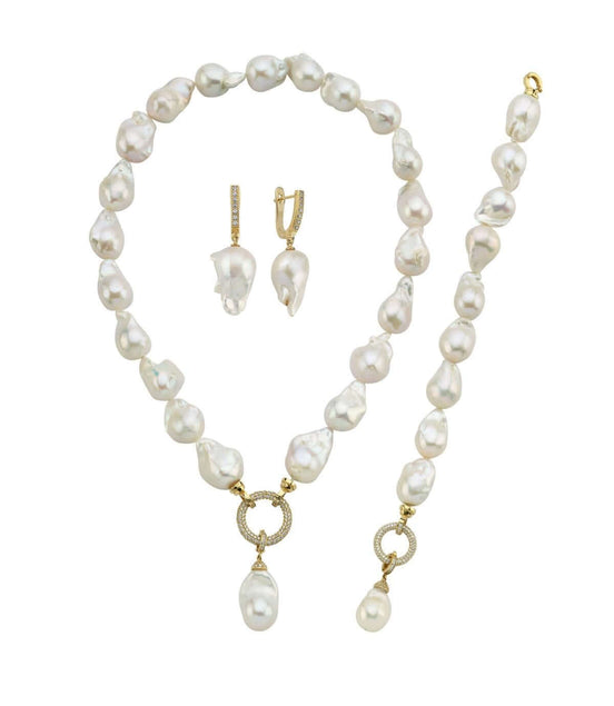 Hoop Clasp Baroque Natural Pearl Earring Necklace Bracelet Triple Set