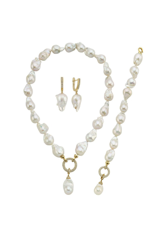 Hoop Clasp Baroque Natural Pearl Earring Necklace Bracelet Triple Set