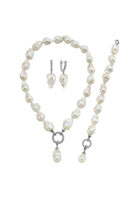 Hoop Clasp Baroque Natural Pearl Earring Necklace Bracelet Triple Set