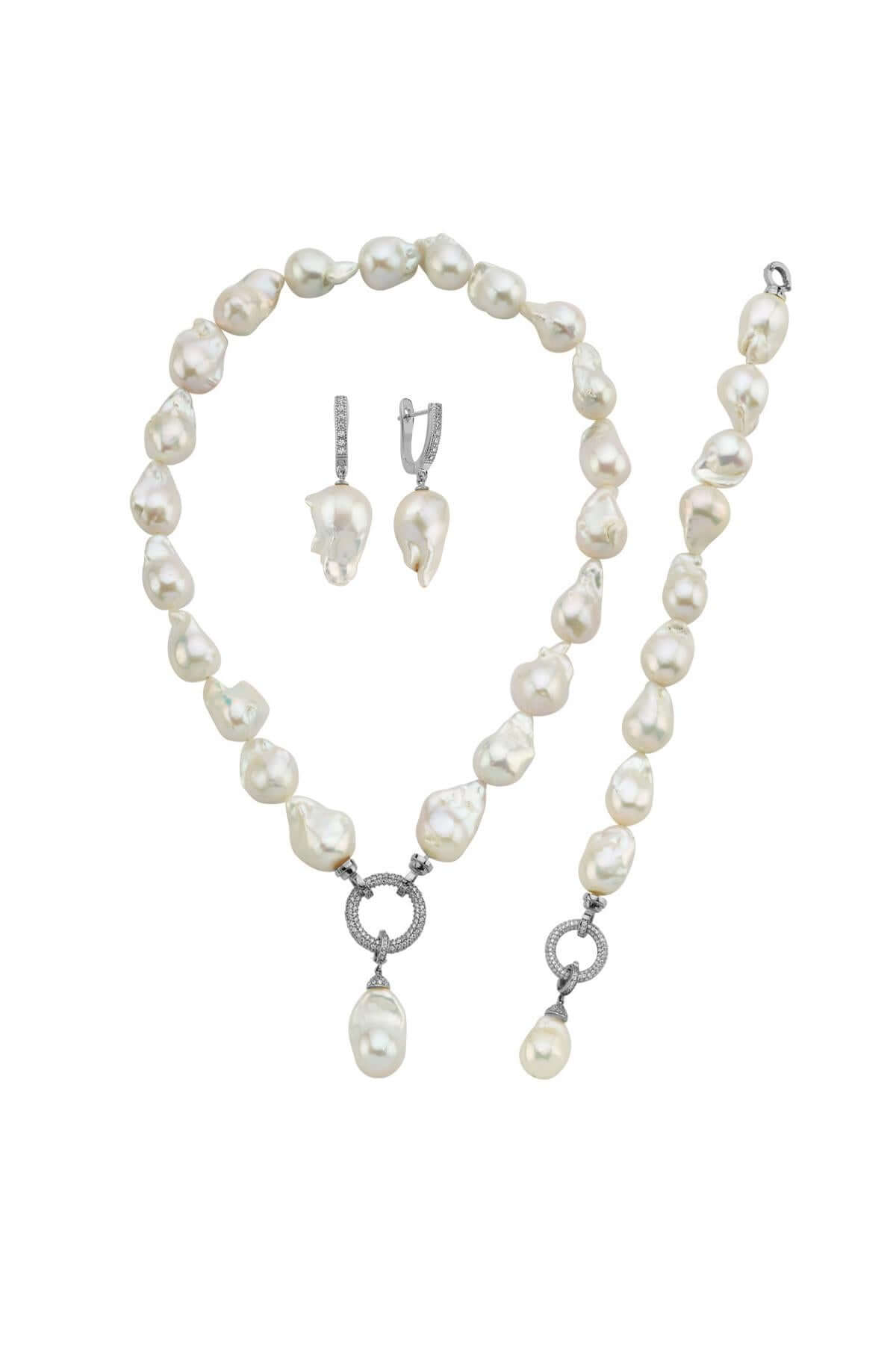 Hoop Clasp Baroque Natural Pearl Earring Necklace Bracelet Triple Set