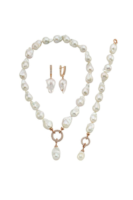 Hoop Clasp Baroque Natural Pearl Earring Necklace Bracelet Triple Set