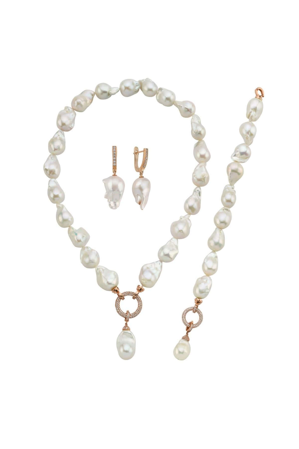 Hoop Clasp Baroque Natural Pearl Earring Necklace Bracelet Triple Set