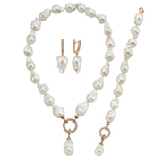 Hoop Clasp Baroque Natural Pearl Earring Necklace Bracelet Triple Set