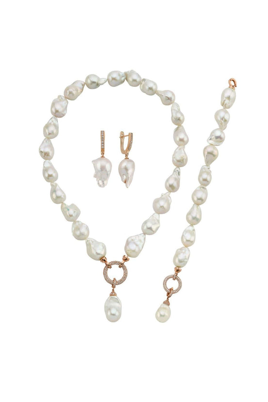 Hoop Clasp Baroque Natural Pearl Earring Necklace Bracelet Triple Set