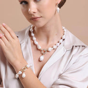 Hoop Clasp Baroque Natural Pearl Earring Necklace Bracelet Triple Set