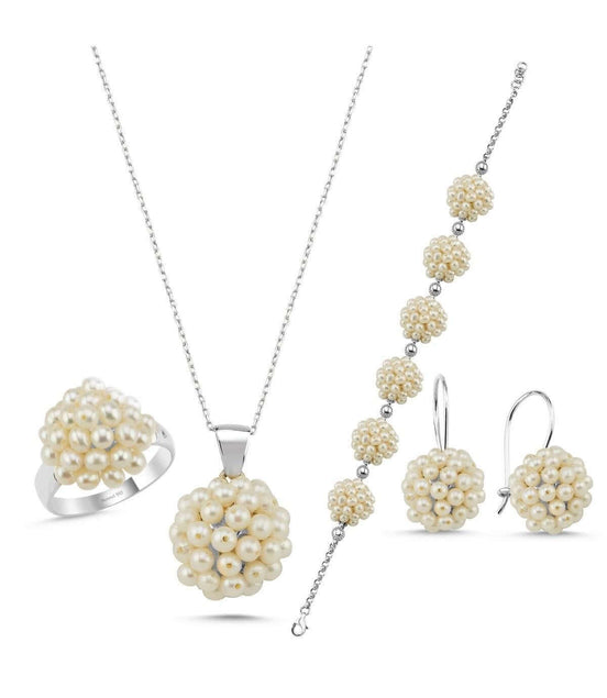 Prenses Model Doğal İnci Küpe Kolye Bileklik Yüzük Dörtlü Set | | Birinci1926