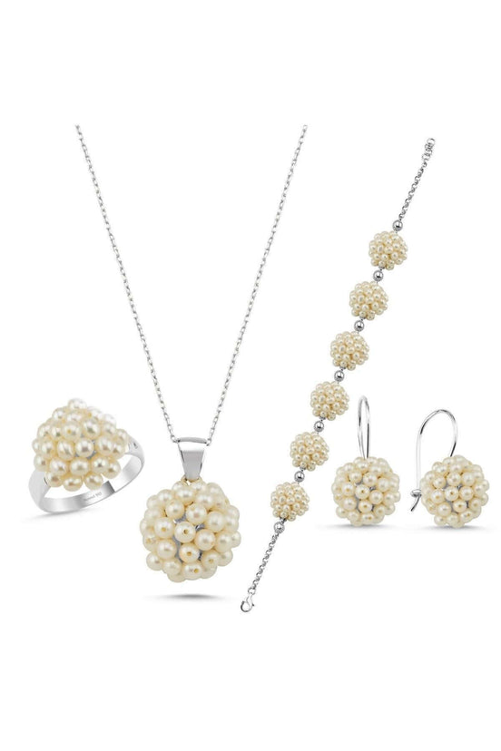 Prenses Model Doğal İnci Küpe Kolye Bileklik Yüzük Dörtlü Set | | Birinci1926