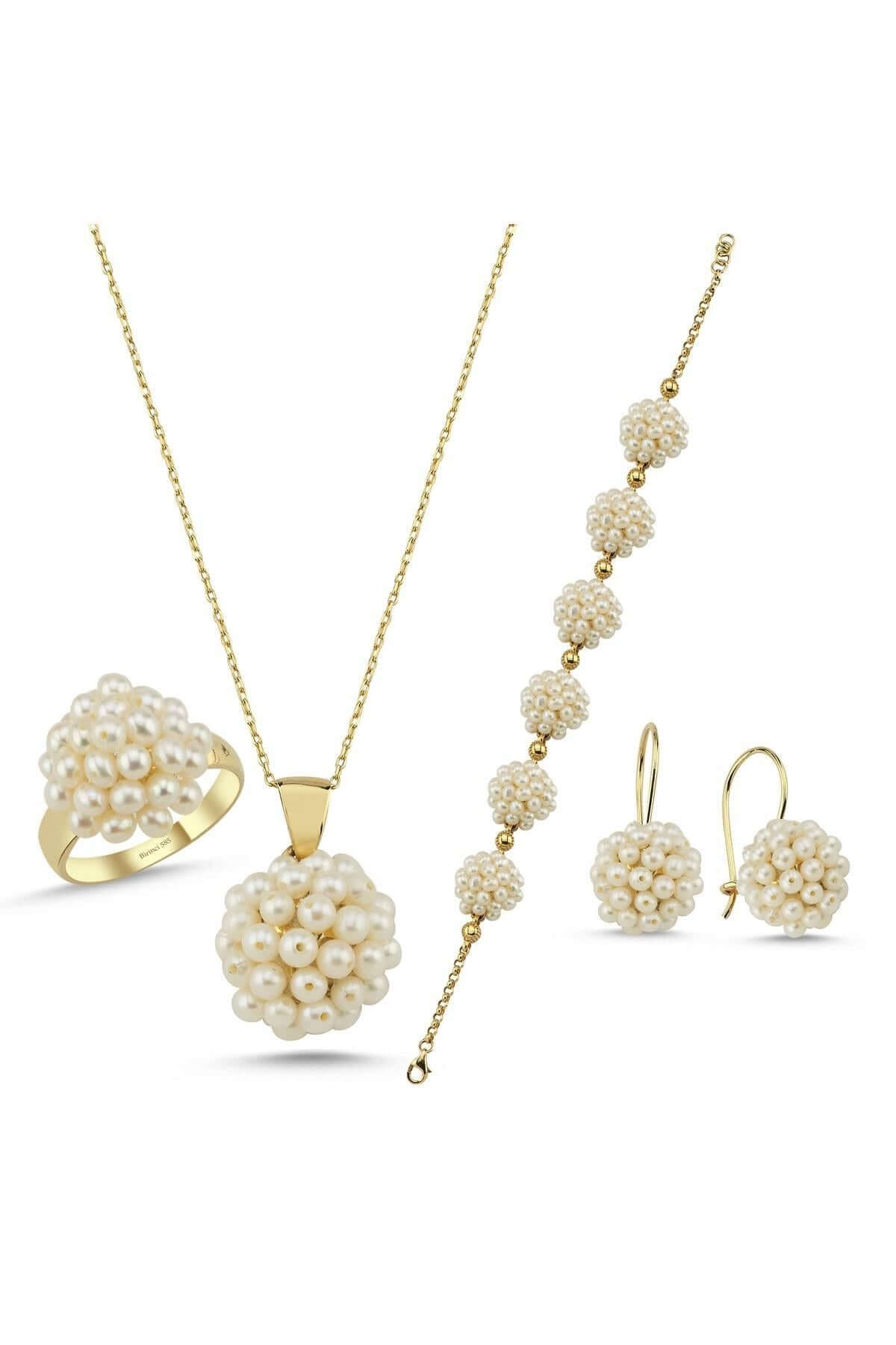 Prenses Model Doğal İnci Küpe Kolye Bileklik Yüzük Dörtlü Set | | Birinci1926