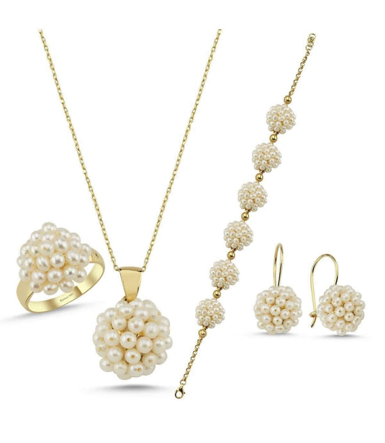 Prenses Model Doğal İnci Küpe Kolye Bileklik Yüzük Dörtlü Set | | Birinci1926