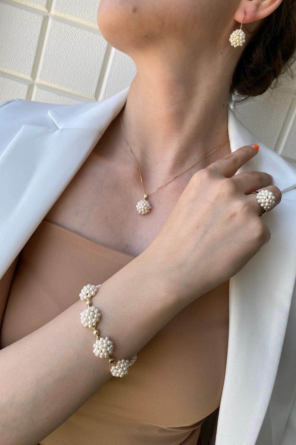 Prenses Model Doğal İnci Küpe Kolye Bileklik Yüzük Dörtlü Set | | Birinci1926