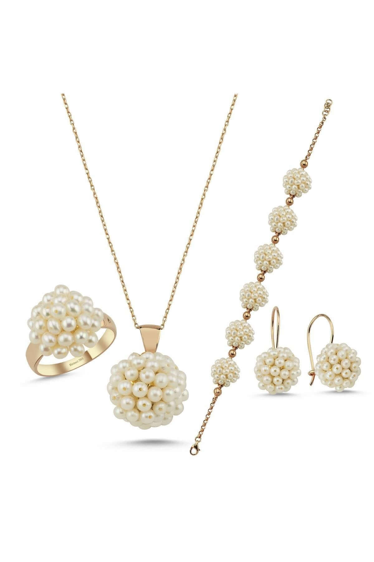 Prenses Model Doğal İnci Küpe Kolye Bileklik Yüzük Dörtlü Set | | Birinci1926