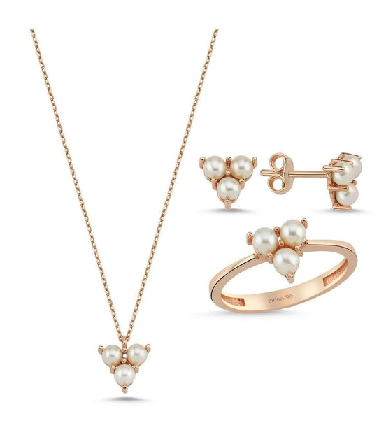 Tria Doğal İnci Küpe Kolye Yüzük Üçlü Set | | Birinci1926