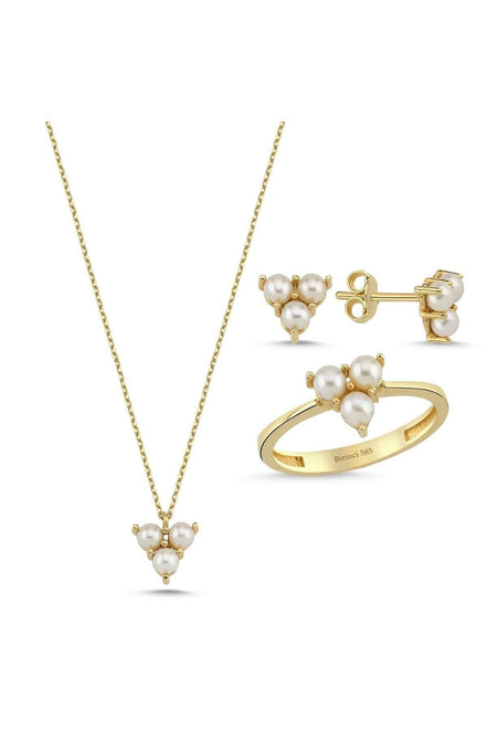 Tria Doğal İnci Küpe Kolye Yüzük Üçlü Set | | Birinci1926