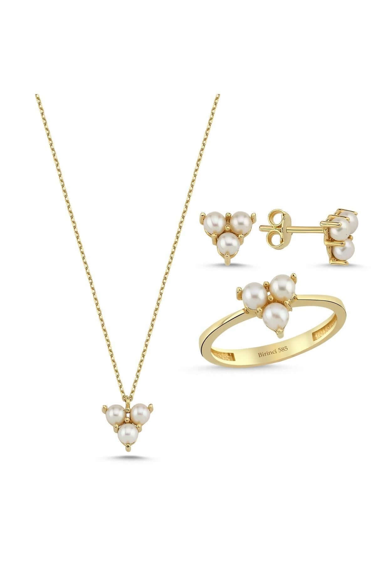 Tria Doğal İnci Küpe Kolye Yüzük Üçlü Set | | Birinci1926