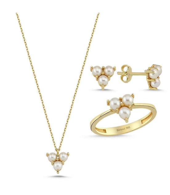 Tria Doğal İnci Küpe Kolye Yüzük Üçlü Set | | Birinci1926