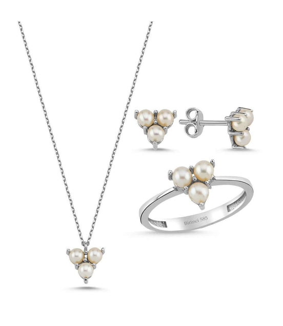 Tria Doğal İnci Küpe Kolye Yüzük Üçlü Set | | Birinci1926