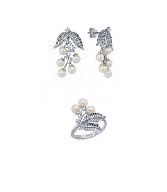 Zeytin Dalı Doğal İnci Küpe Yüzük İkili Set | | Birinci1926