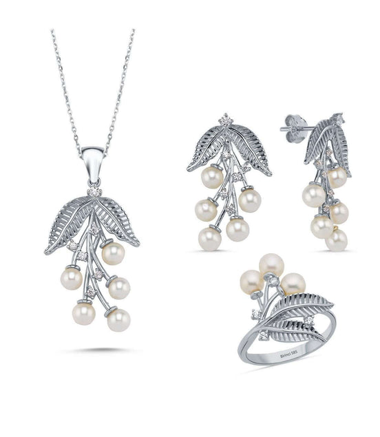 Zeytin Dalı Doğal İncili Kolye Yüzük İkili Set | | Birinci1926