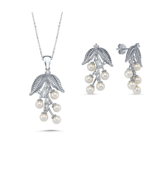 Zeytin Dalı Doğal İncili Küpe Kolye İkili Set | | Birinci1926