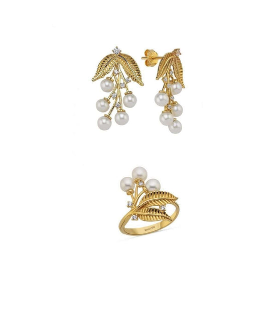 Zeytin Dalı Doğal İnci Küpe Yüzük İkili Set | | Birinci1926