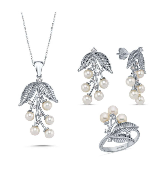 Zeytin Dalı Doğal İncili Küpe Kolye Yüzük Üçlü Set | | Birinci1926