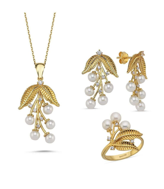 Zeytin Dalı Doğal İncili Küpe Kolye Yüzük Üçlü Set | | Birinci1926