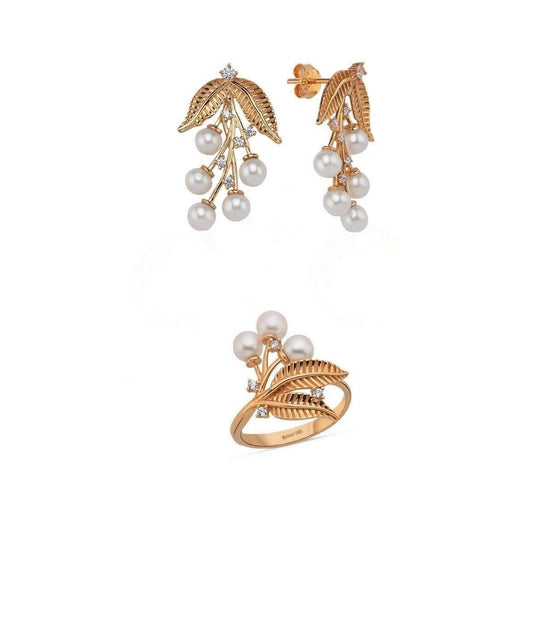 Zeytin Dalı Doğal İnci Küpe Yüzük İkili Set | | Birinci1926