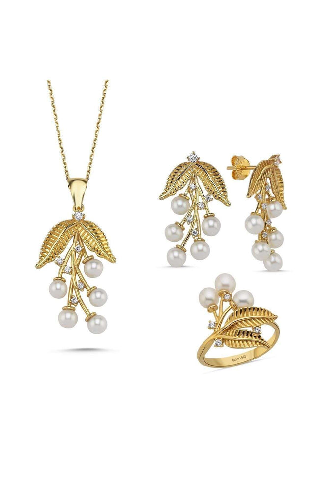 Zeytin Dalı Doğal İncili Kolye Yüzük İkili Set | | Birinci1926