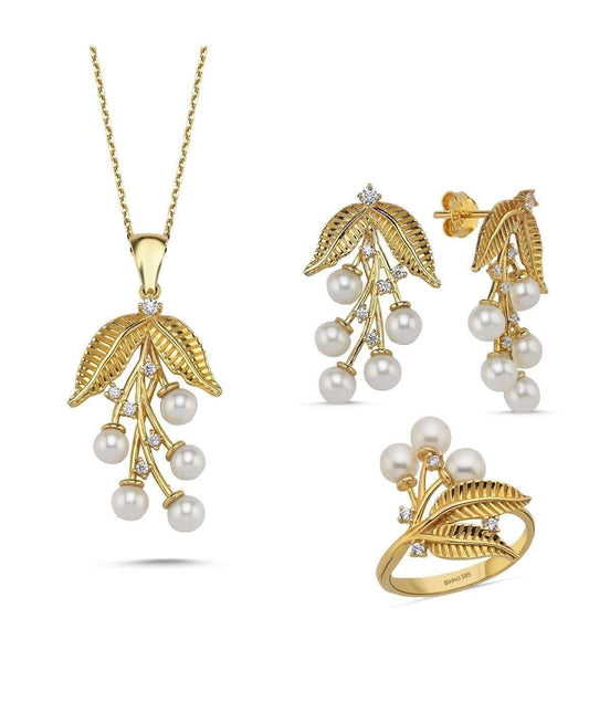 Zeytin Dalı Doğal İncili Kolye Yüzük İkili Set | | Birinci1926