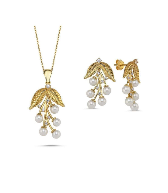 Zeytin Dalı Doğal İncili Küpe Kolye İkili Set | | Birinci1926